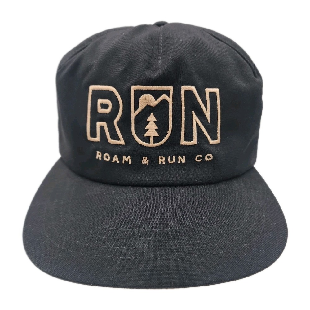 Roam & Run Company Hat Black, Beige Embroidery W/ Adjustable Snap Closure